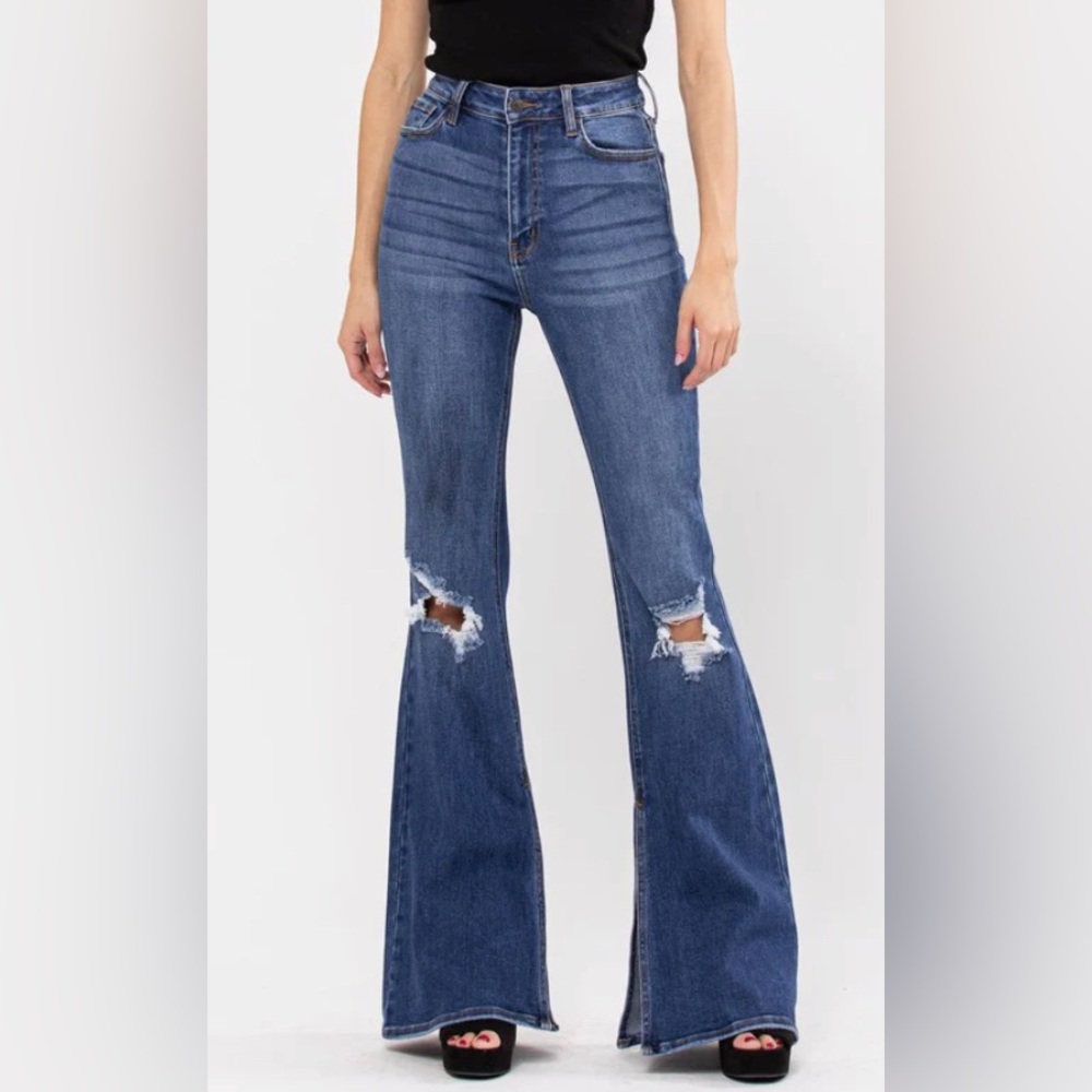 Ms Cello High Rise Flare Jeans with Distressed Knees Size 16
